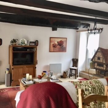 Salon de campagne avec canapé et télévision